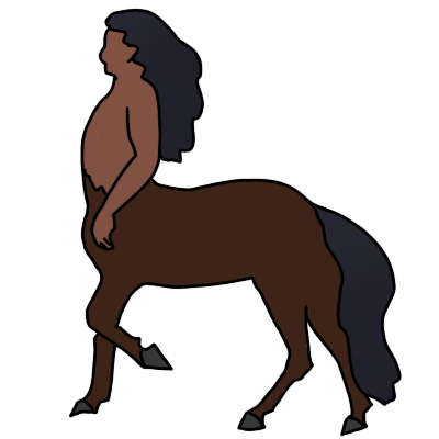 a centaur facing the left, with warm brown skin, black long curly hair and and black tail, and dark brown coat.